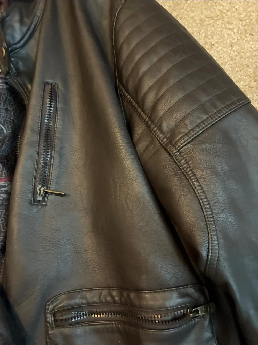 Urban Republic Black Faux Leather Bomber Jacket with Brown Hood